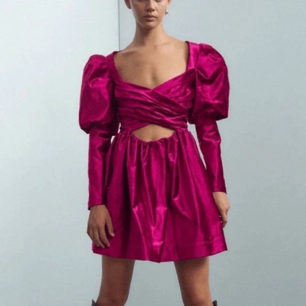 Alemais Rosario Puff Sleeve Cutout Mini Dress Magenta Silk Linen Size 4 NWT